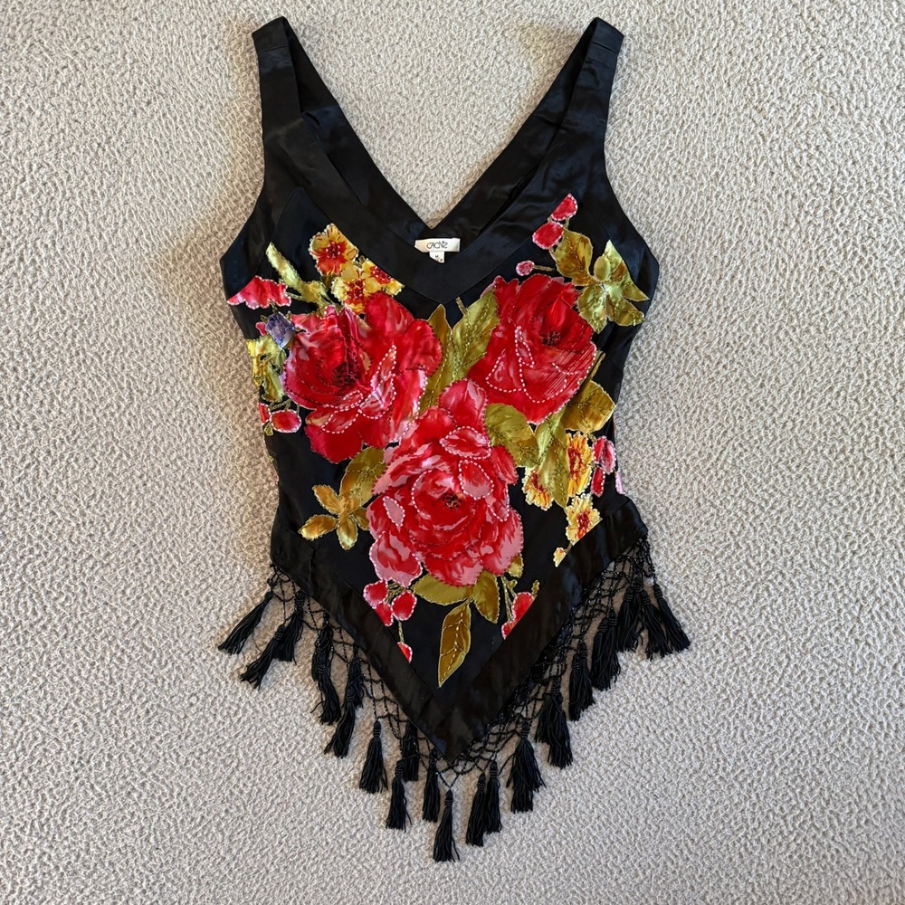 Cache Silk Beaded Handkerchief Fringe Tank Top sz Medium Whimsical Fairy Roses - Picture 2 of 11